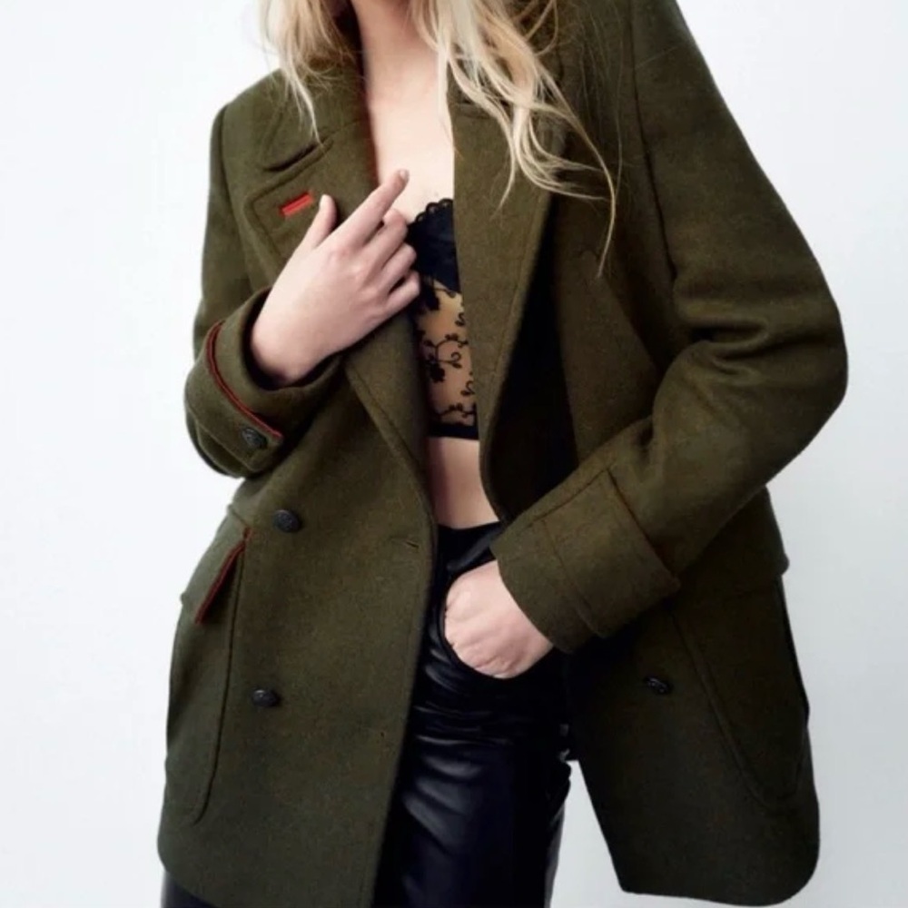 Zara Olive Green/Red Wool Blend Coat Excellent Condition XS - Picture 3 of 9